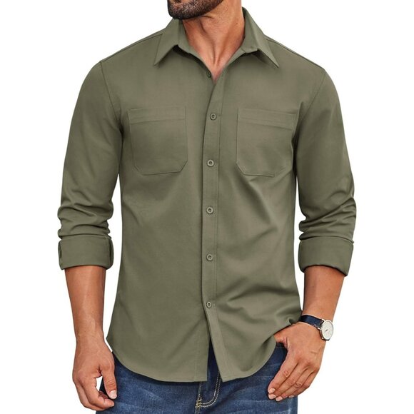 Coofandy Men Olive Green Button Down Untucked Long Sleeve Woven Shirt - Picture 1 of 5